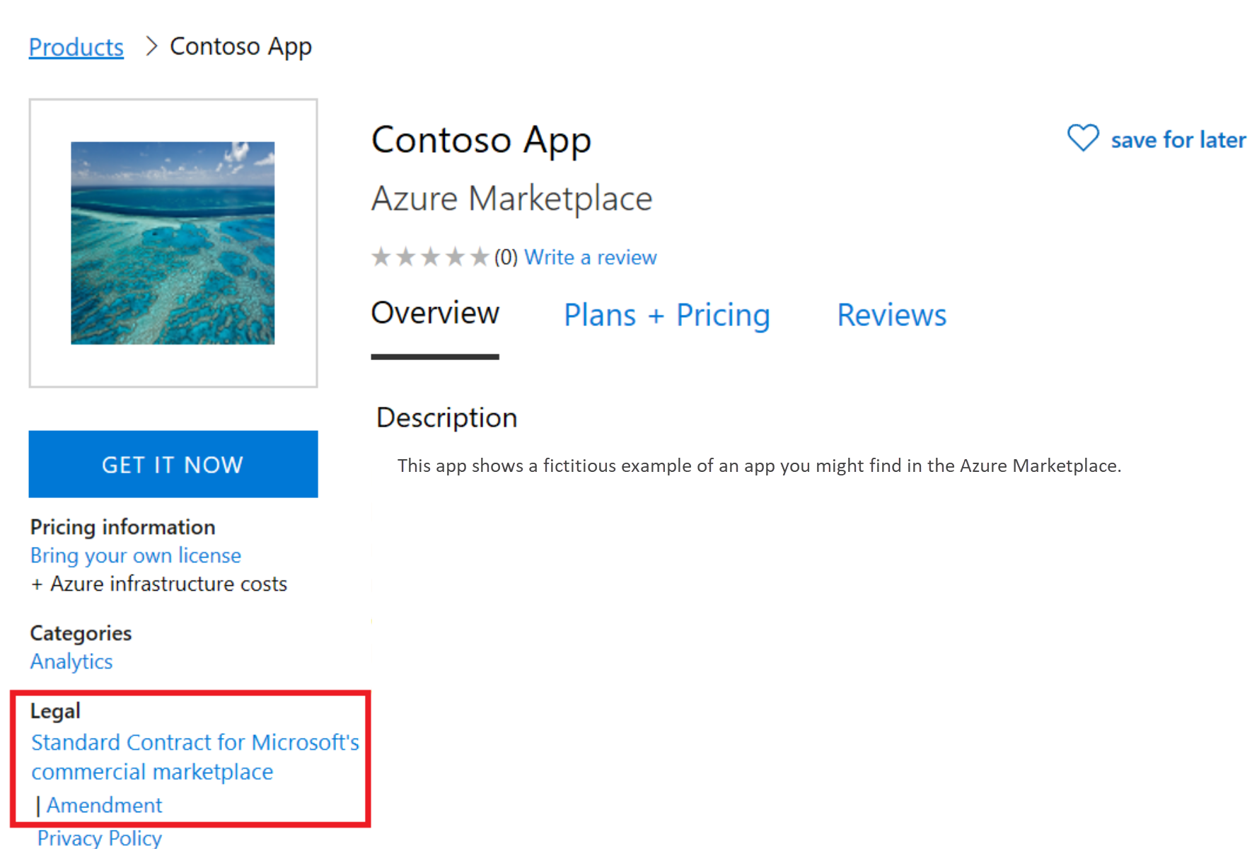 Screenshot of the Product details page for a fictitious app in the Azure Marketplace on the online store called Contoso app. The page includes a link to the Standard Contract for Microsoft's commercial marketplace.