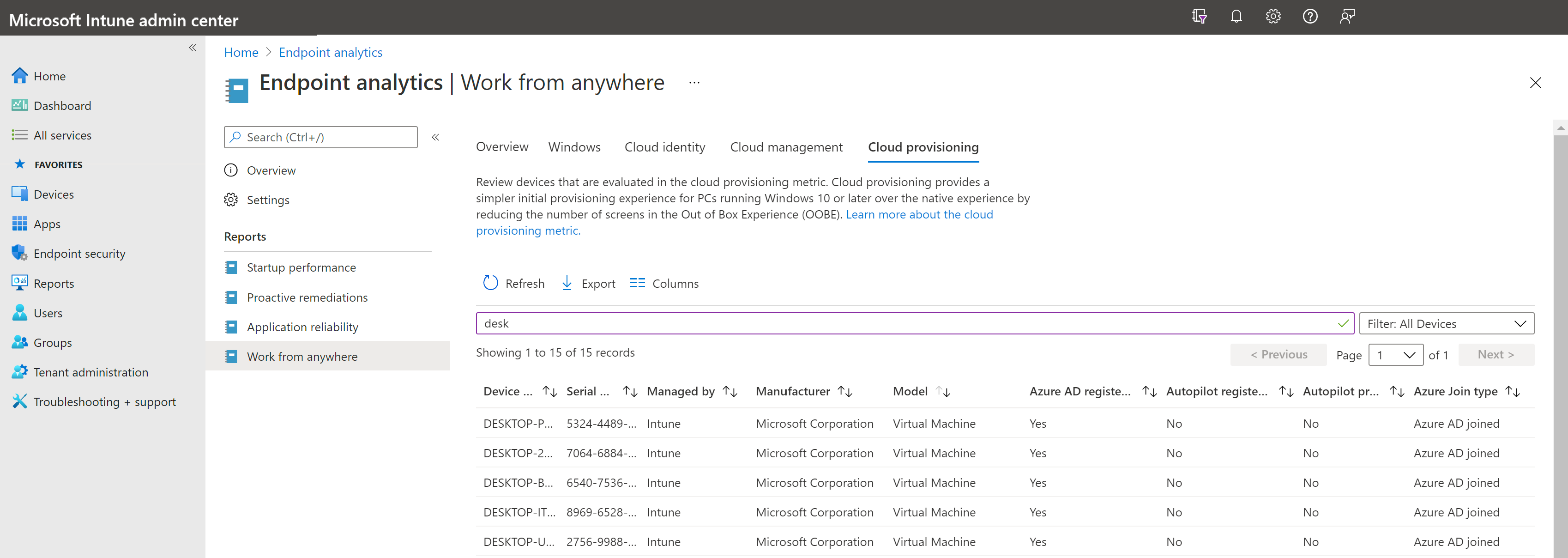 Screenshot of the cloud provisioning tab showing the device list