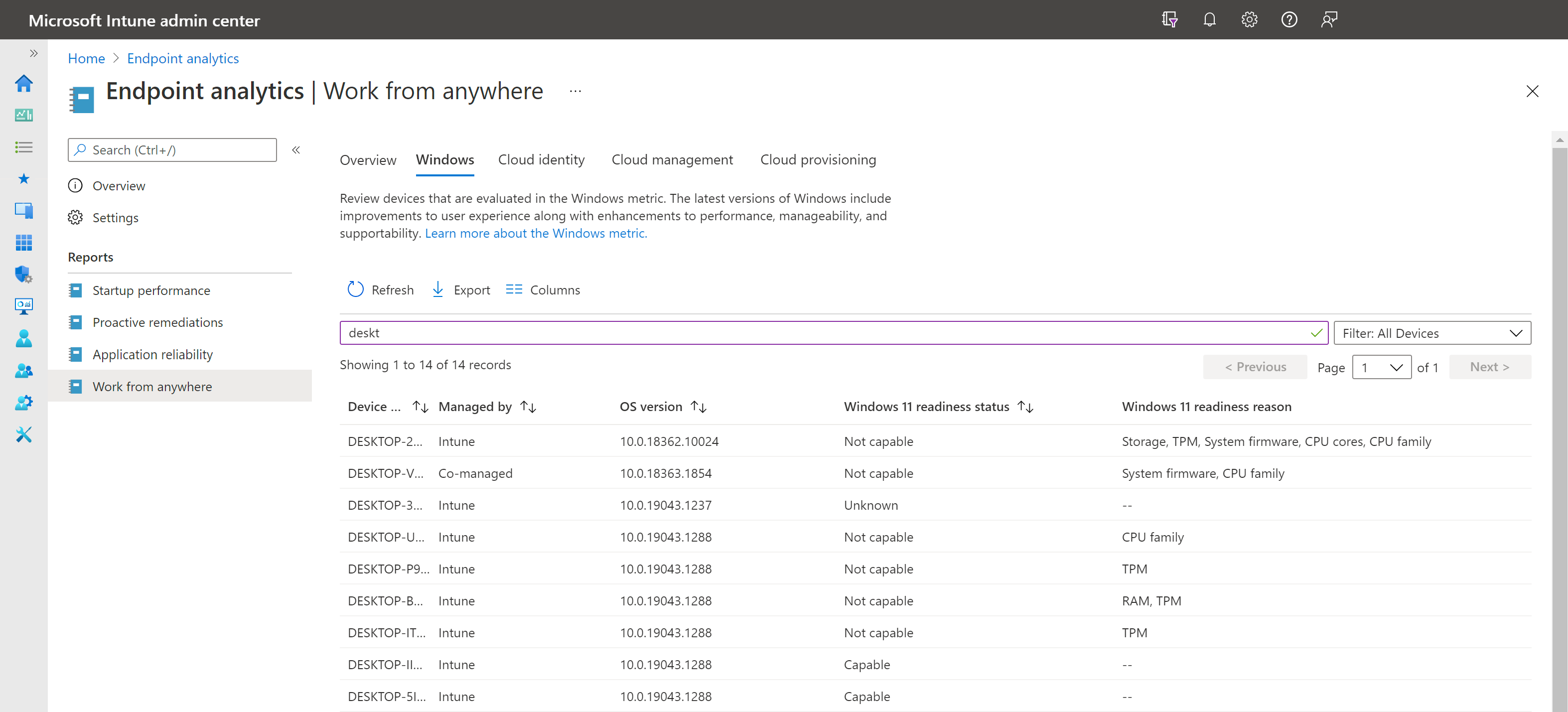 Screenshot of the Windows tab that displays a chart showing top hardware blockers in your organization and OS versions.