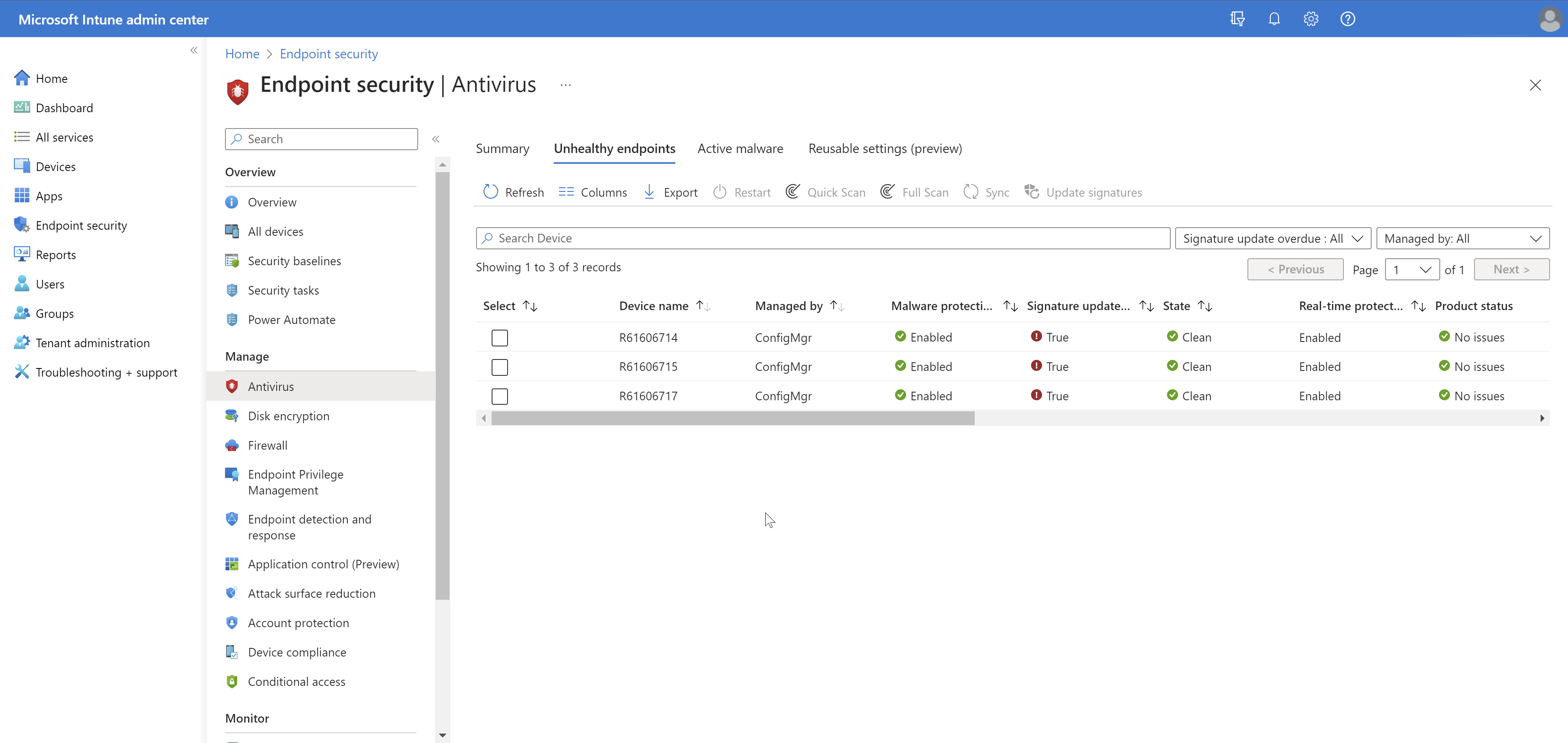 Screenshot of unhealthy endpoints operational report in Intune admin center.