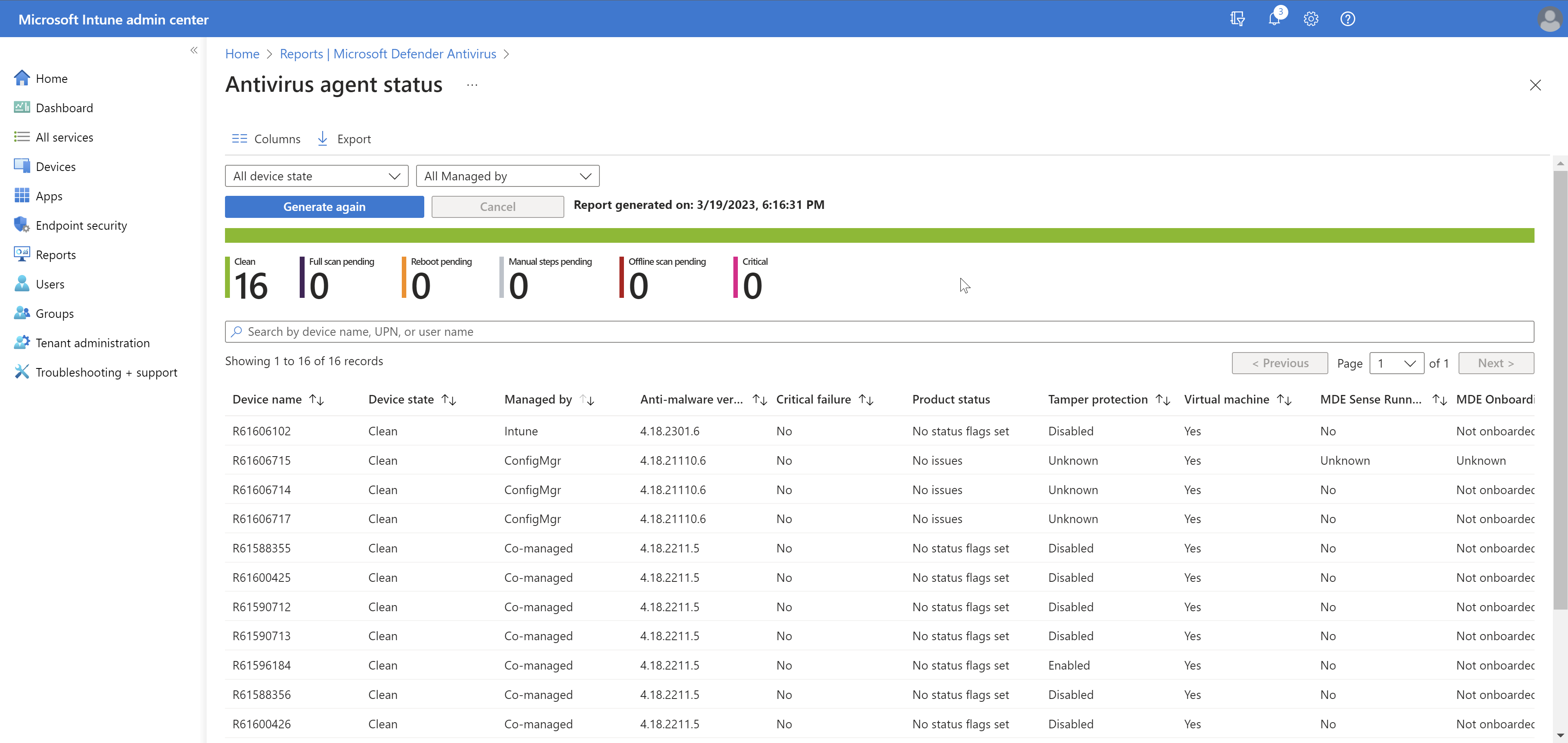 Screenshot of Antivirus agent status organizational report in Intune admin center.