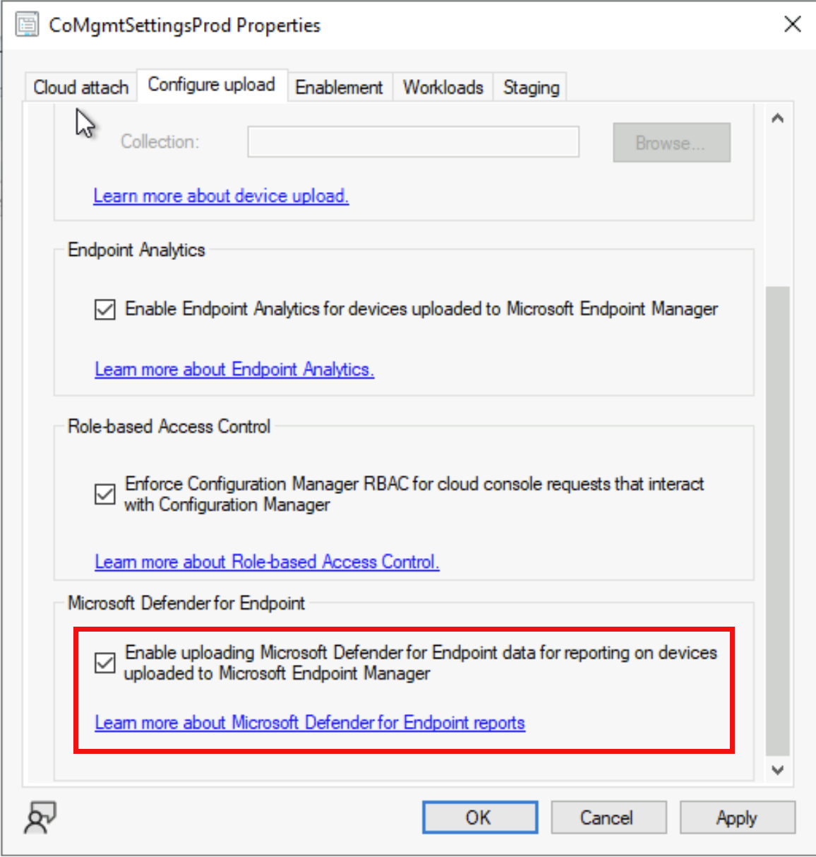 Screenshot of Cloud Attach properties tab showing option to upload Microsoft Defender for Endpoint data to Intune admin center.