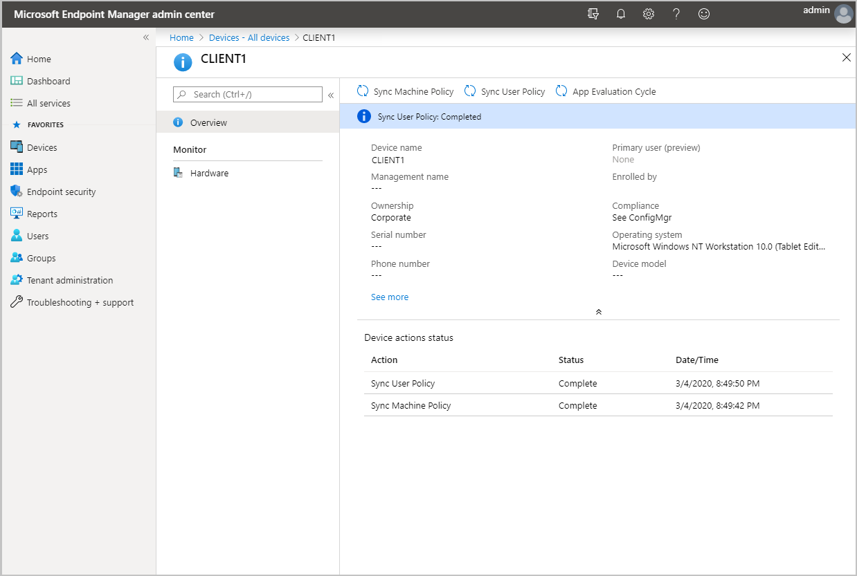 Device overview in Microsoft Intune admin center