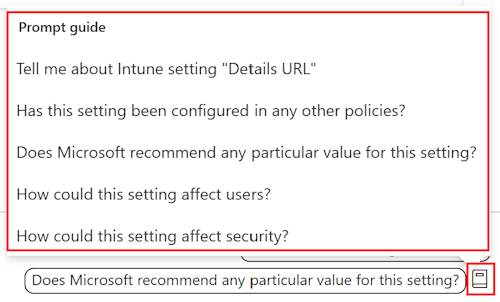 Screenshot that shows the Copilot settings prompt guide and a list of the available prompts in the settings catalog in Microsoft Intune and Intune admin center.