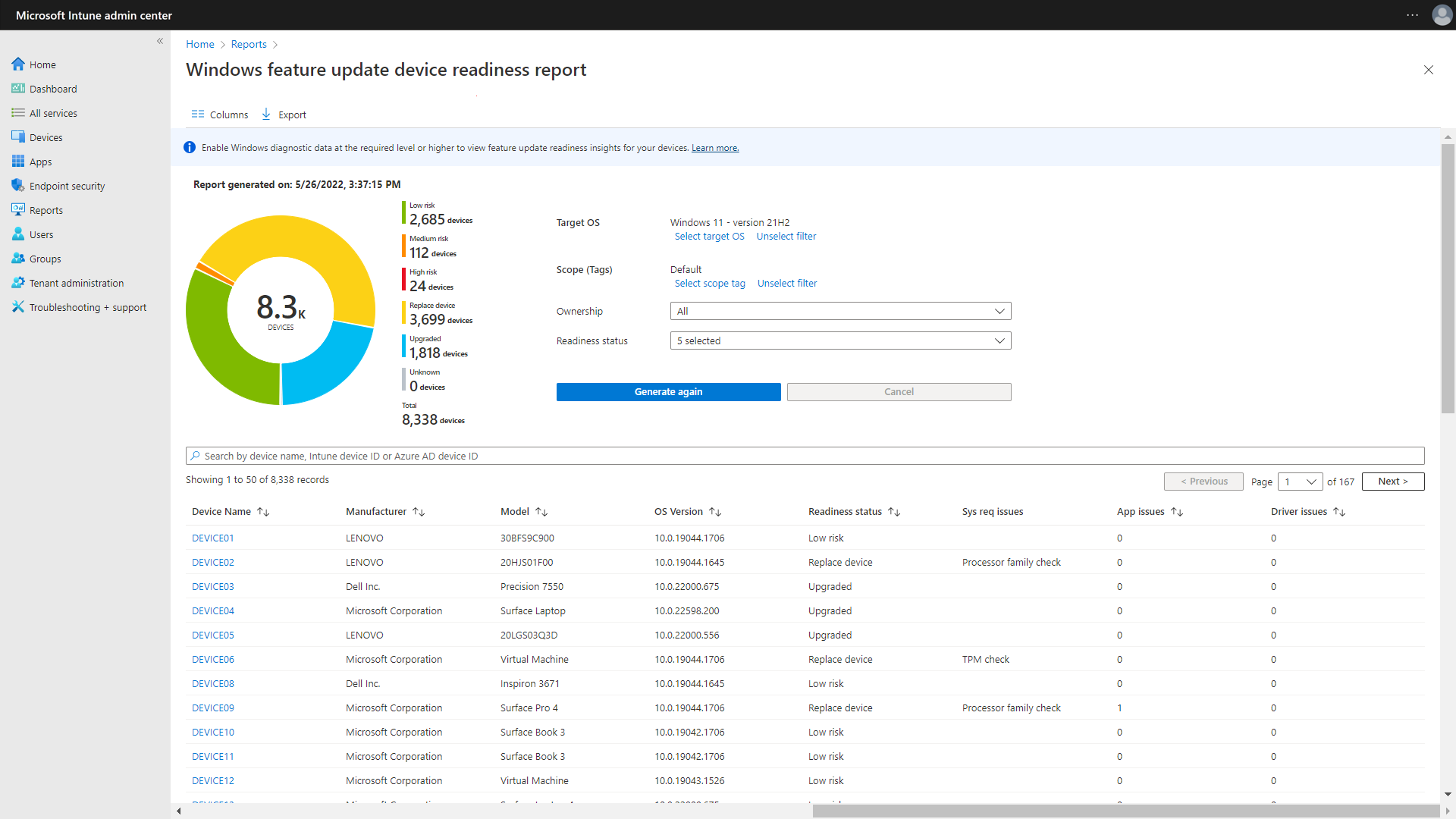 Screen shot of the Windows feature update device readiness report.