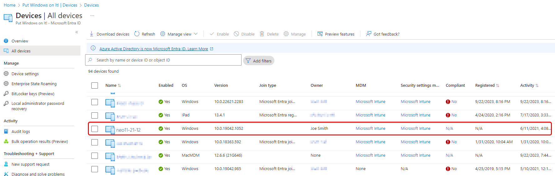 A screenshot of the All device page in the Microsoft Azure portal with an example device highlighted.