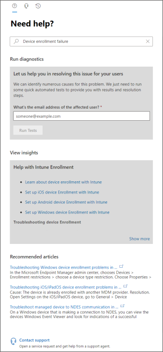 Screenshot that shows the need help pane to run diagnostics, view insights, and read recommended articles in the Intune admin center.