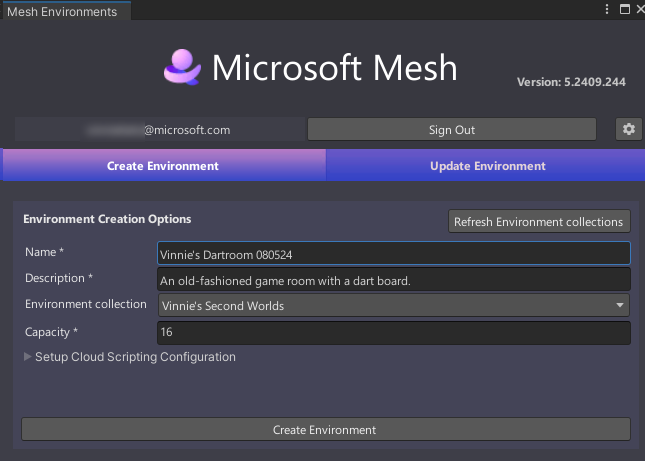 A screenshot of the Mesh Uploader window in the Create Environment tab