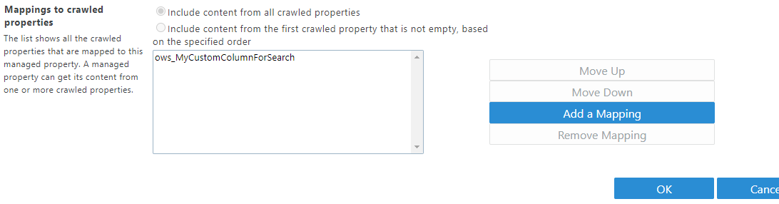 Mapping of crawled properties to mapped properties.