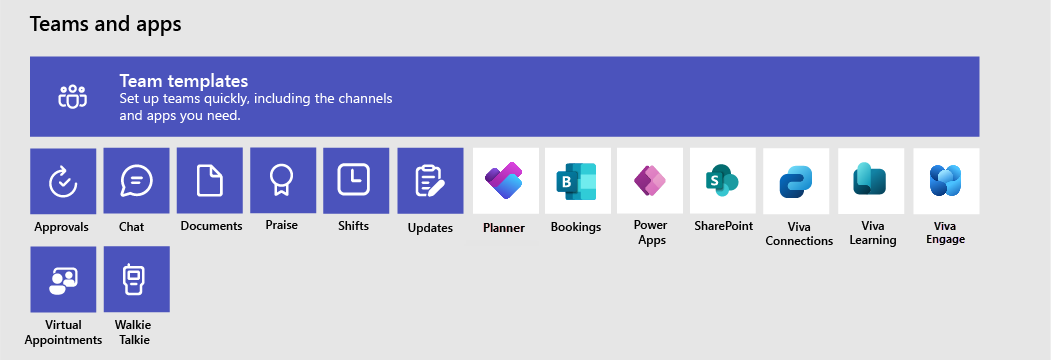 Diagram showing teams, team templates and apps that can be included.