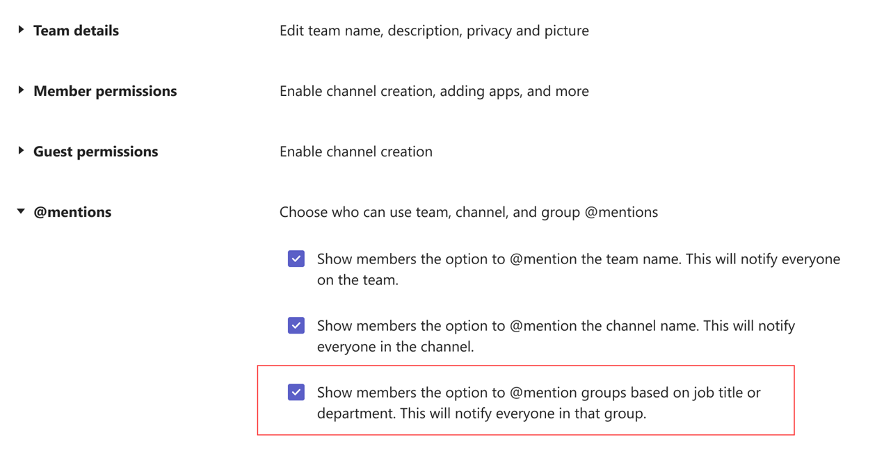 Screenshot of the option in team settings to @mention groups based on job title or department