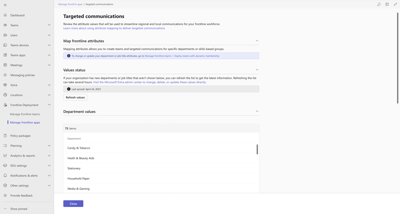 Screenshot of the Targeted communications page in the Teams admin center, showing list of mapped attribute values.