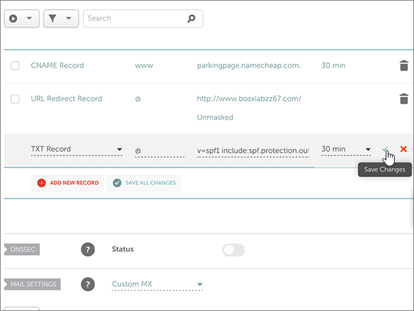 Screenshot of the the Save Changes control for the SPF TXT record.