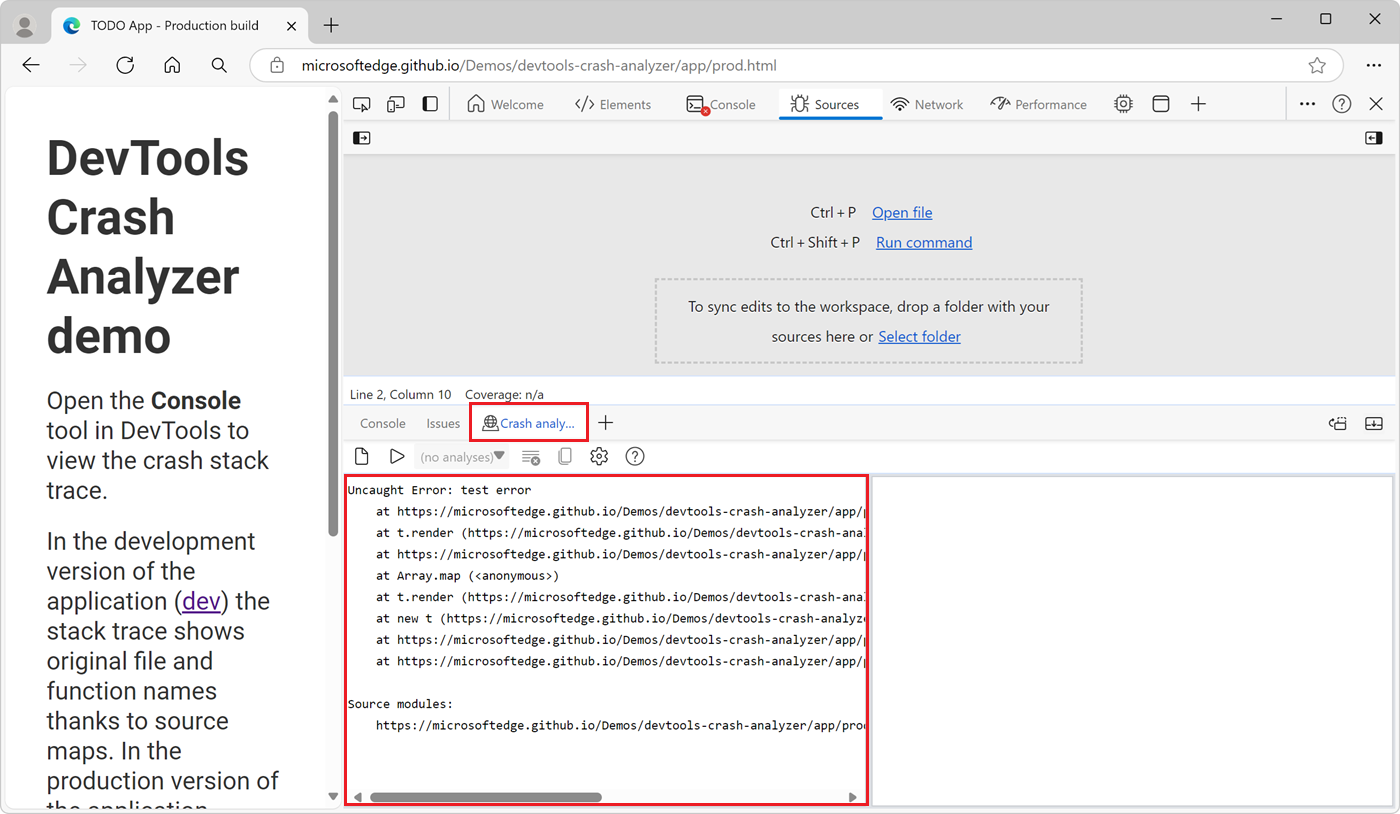 The Crash analyzer tool, with the enhanced call stack pasted in the left panel