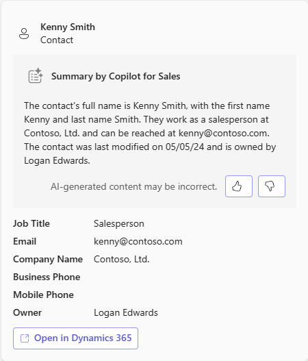 Screenshot showing the AI-generated record summary in adaptive card.
