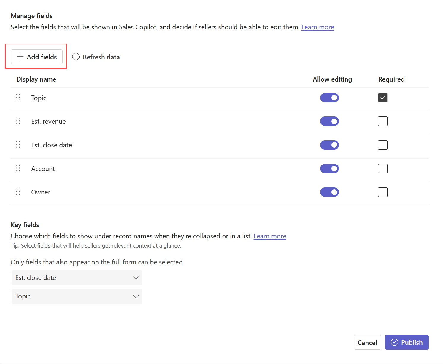 Screenshot showing how to add fields to a CRM record in Copilot for Sales.