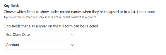 Screenshot showing how to select key fields for mini view in Copilot for Sales.