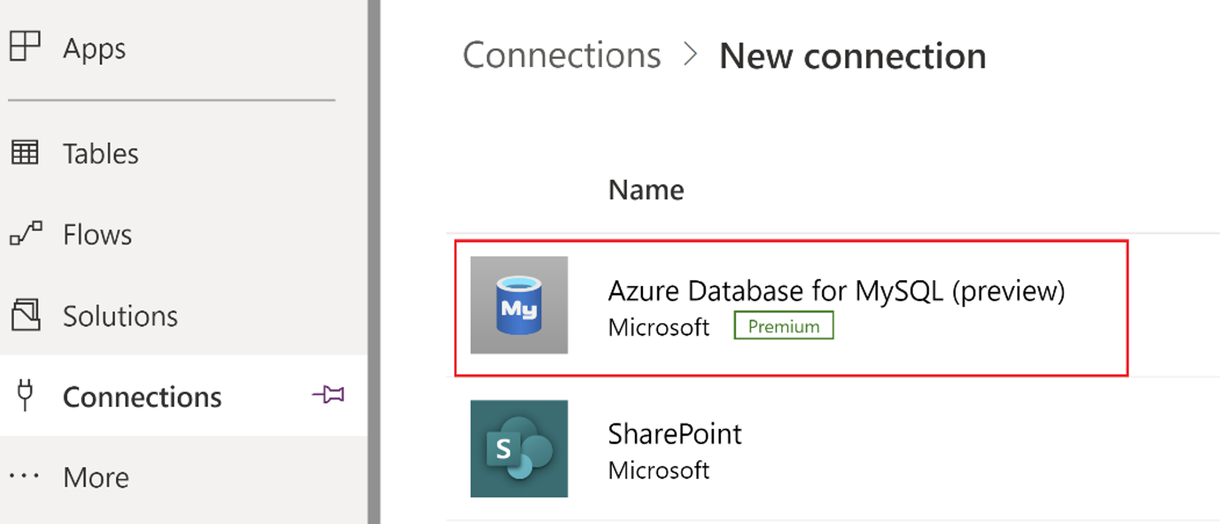 Screenshot of selecting Azure Database for MySQL flexible server connector to add a connection.