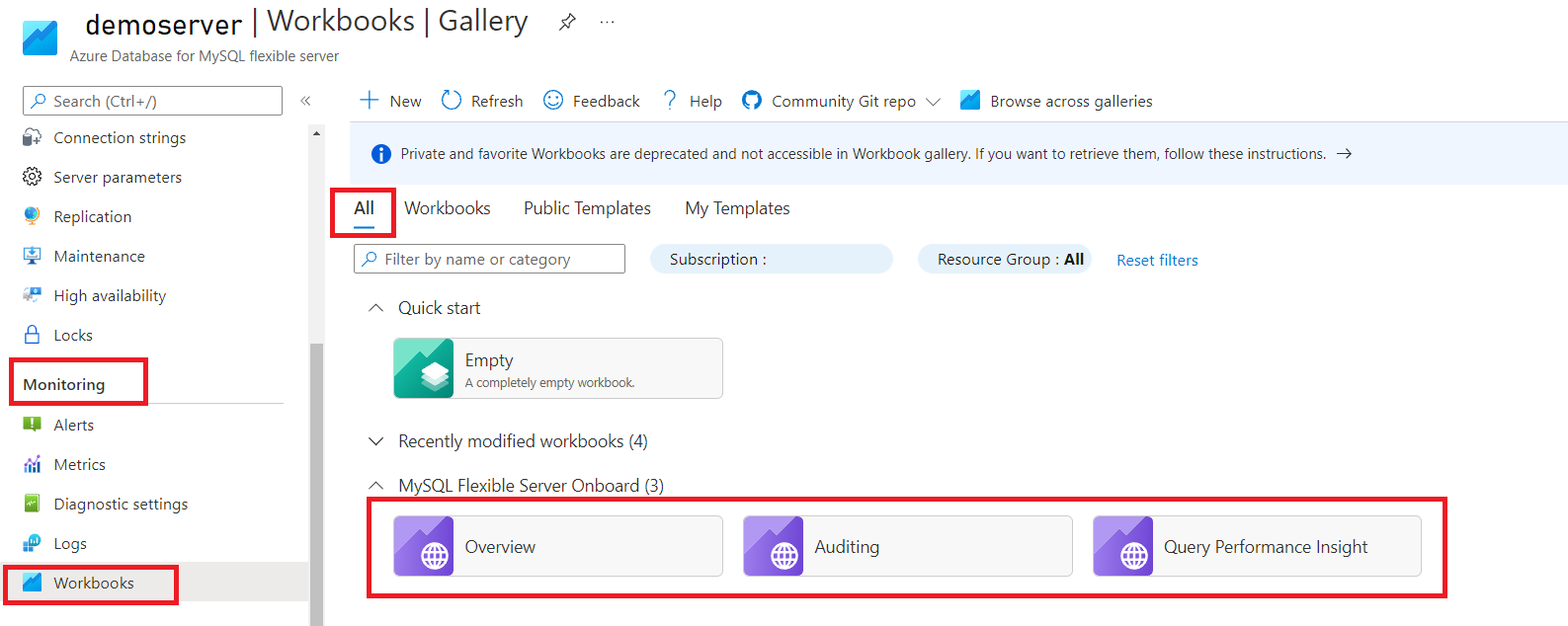 Screenshot showing the 'Overview', 'Auditing', and 'Query Performance Insight' templates on the Workbooks pane.