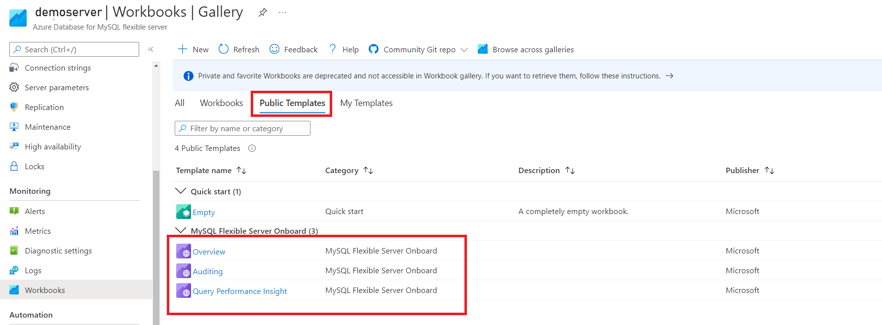 Diagram that shows the 'Overview', 'Auditing', and 'Query Performance Insight' templates on the 'Public Templates' pane.