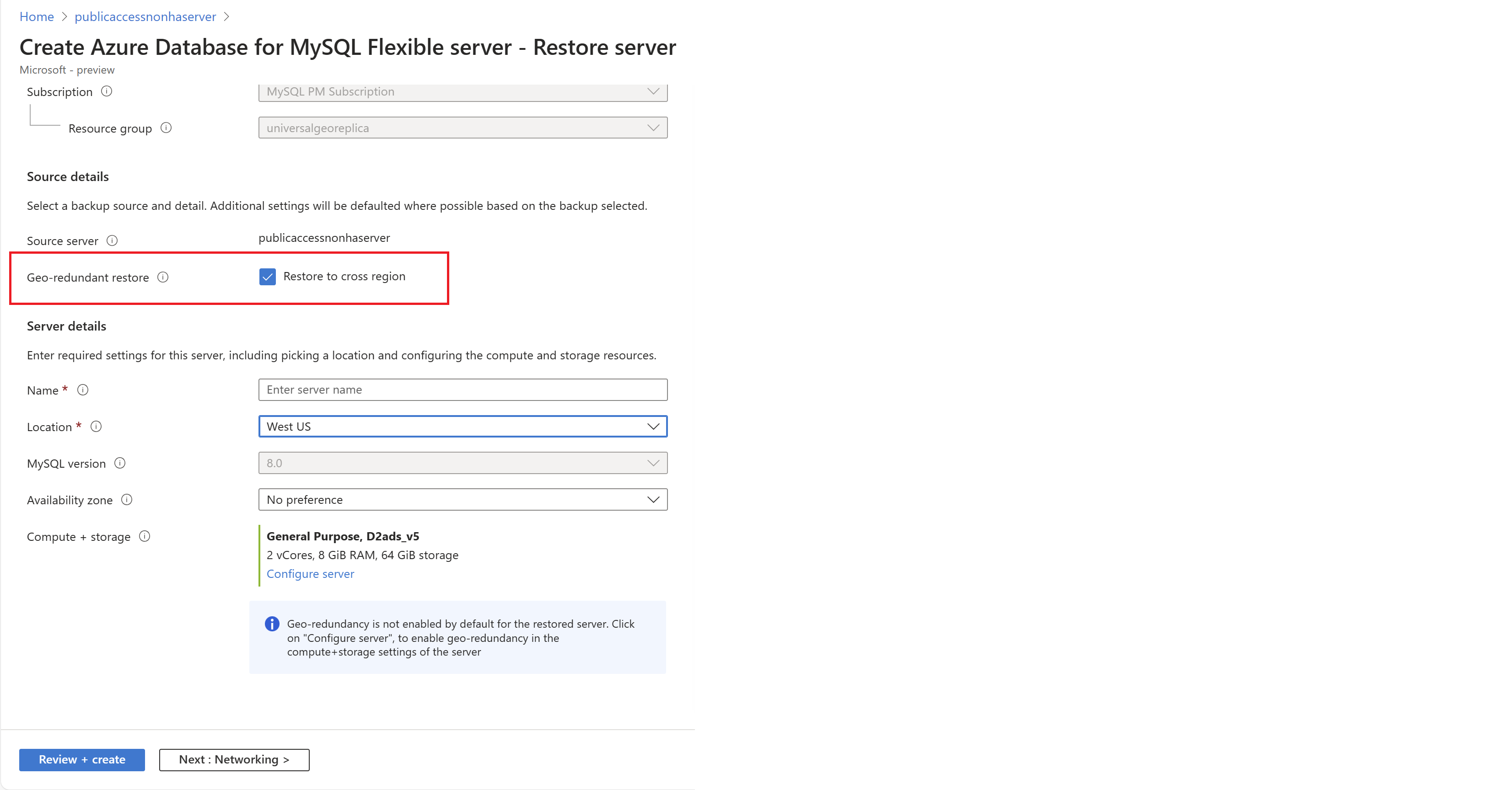 Screenshot of  enabling Geo-Restore.