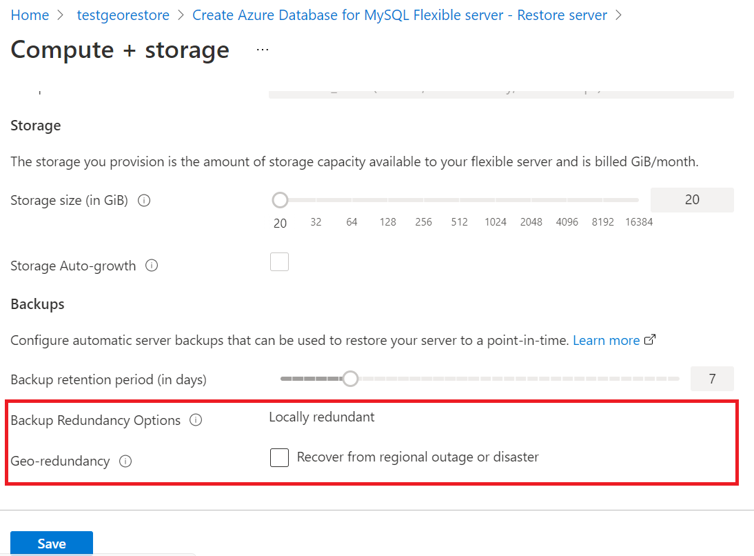 Screenshot of Restoring as Locally redundant server.