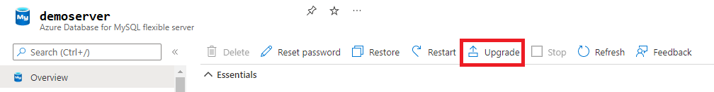Screenshot showing Azure Database for MySQL flexible server Upgrade.