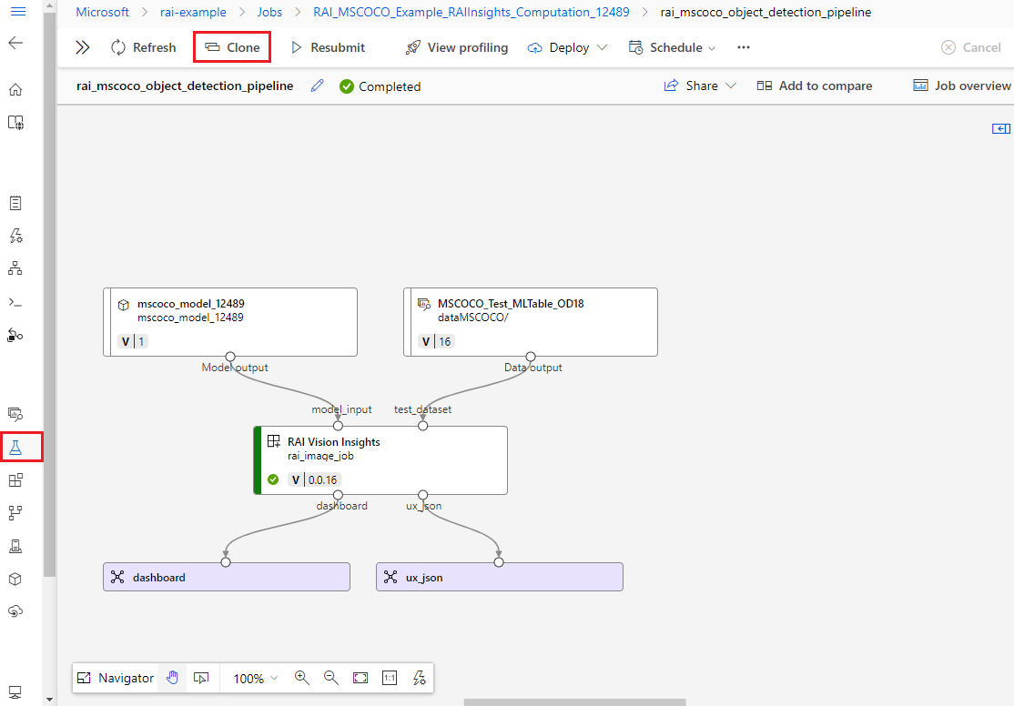 Screenshot of a pipeline job in the workspace with the clone button highlighted.