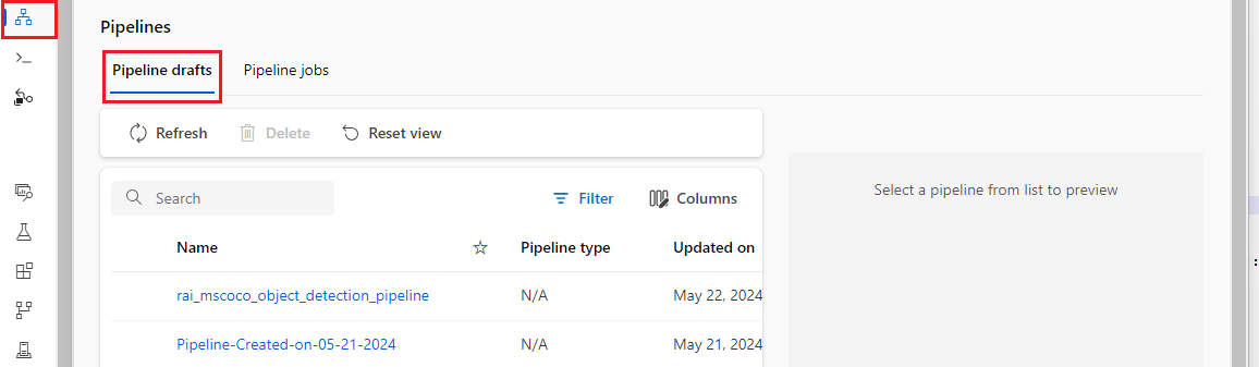 Screenshot of pipeline draft list.