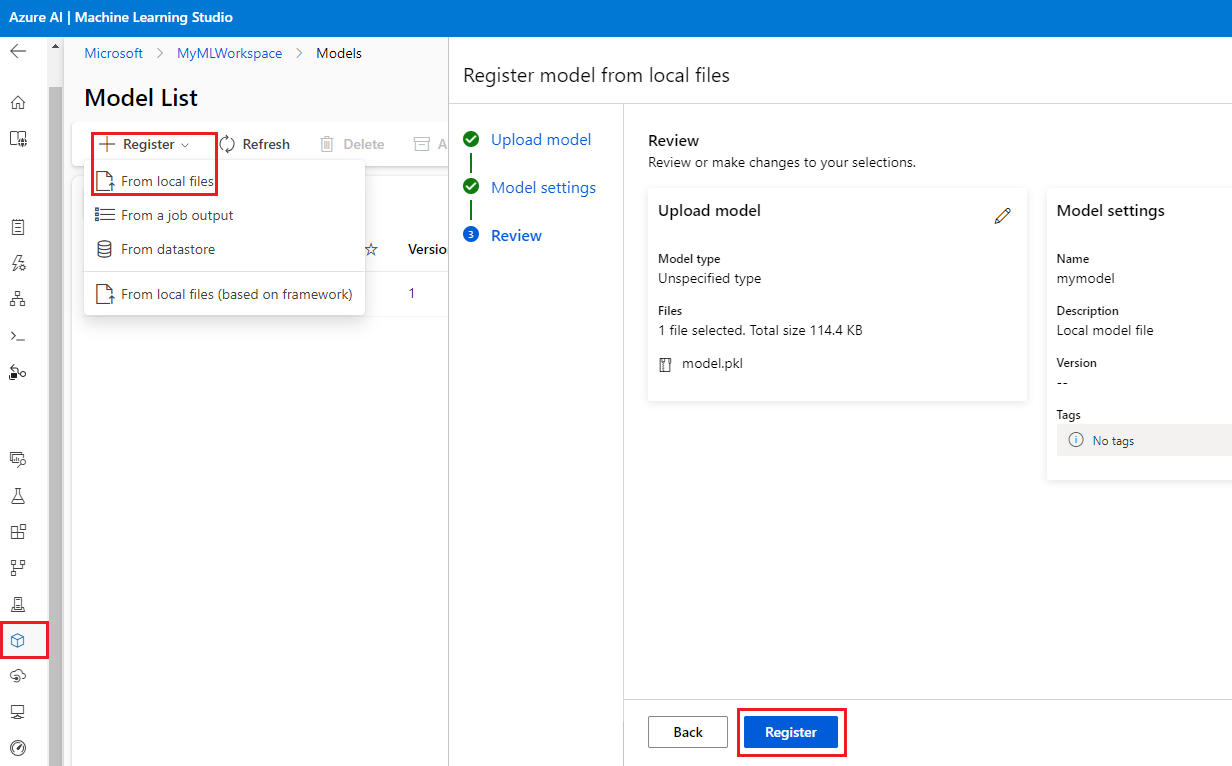 Screenshot of the UI to register a model.