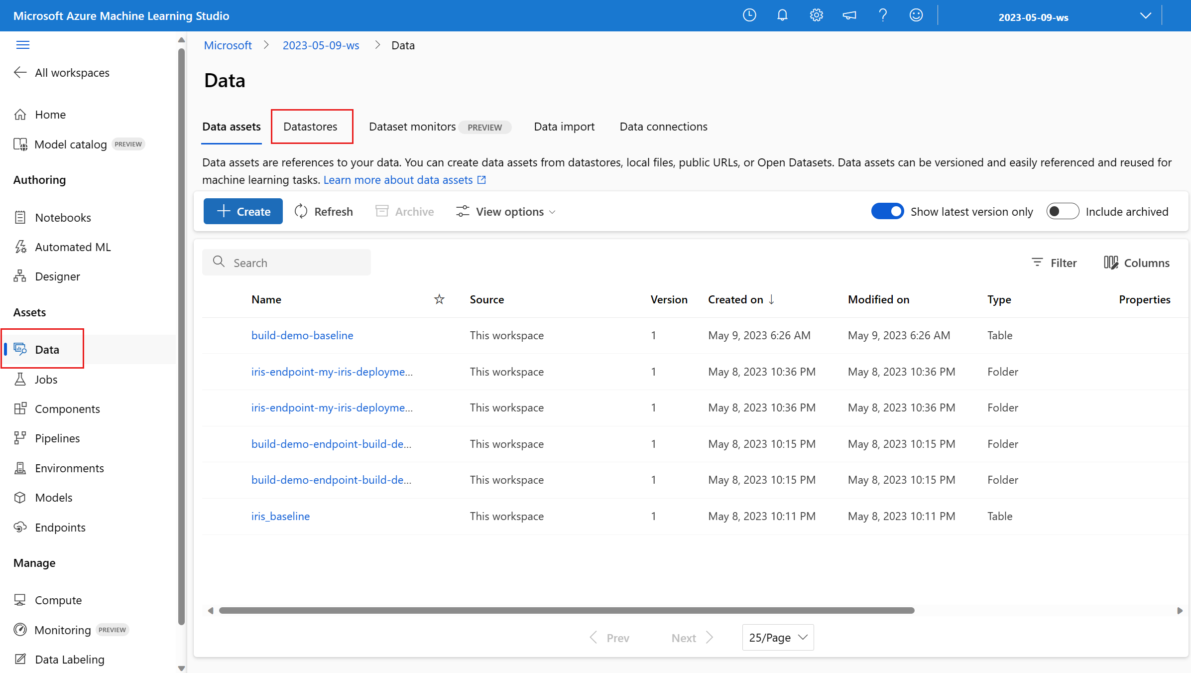 Screenshot highlights Data page in Azure Machine Learning workspace