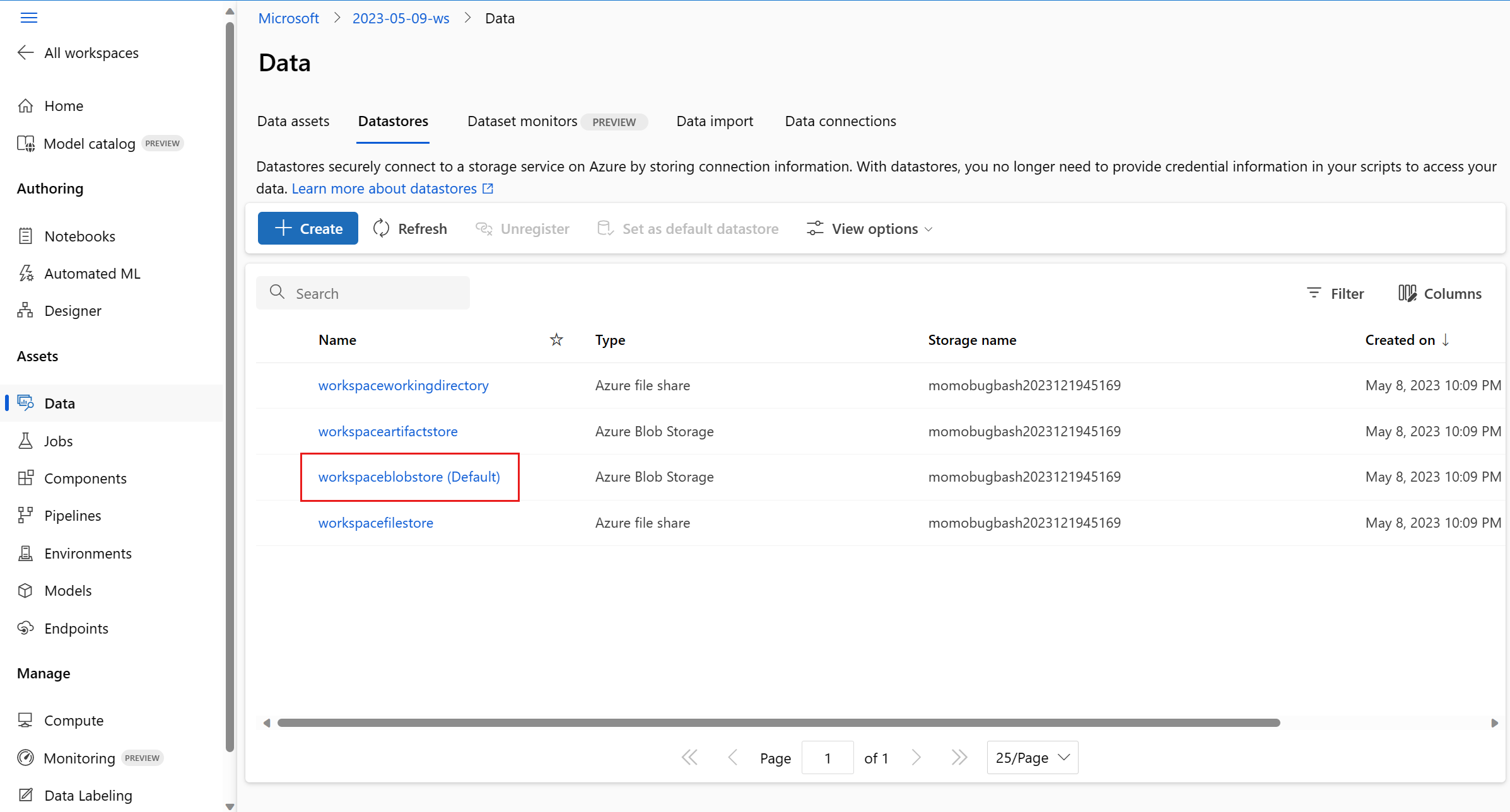 Screenshot highlights Datastores page in AzureML workspace