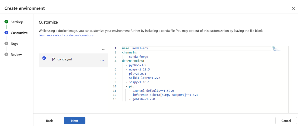 A screenshot showing how to customize the environment, using a conda file.