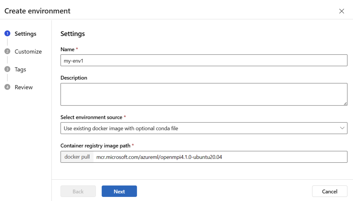 A screenshot showing how to create a custom environment.