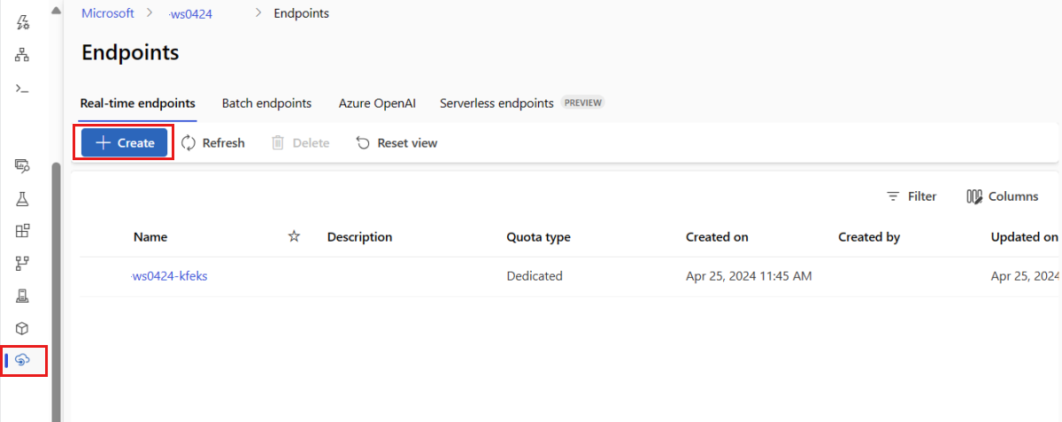 A screenshot for creating managed online endpoint from the Endpoints tab.