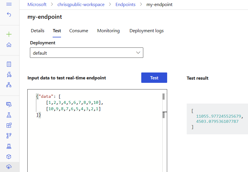 A screenshot of testing a deployment by providing sample data, directly in your browser.