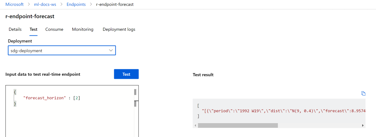 Screenshot shows results from testing a model.