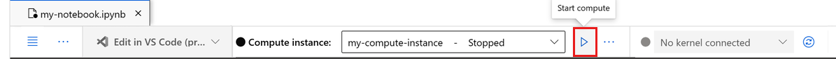 Screenshot shows how to start a stopped compute instance.