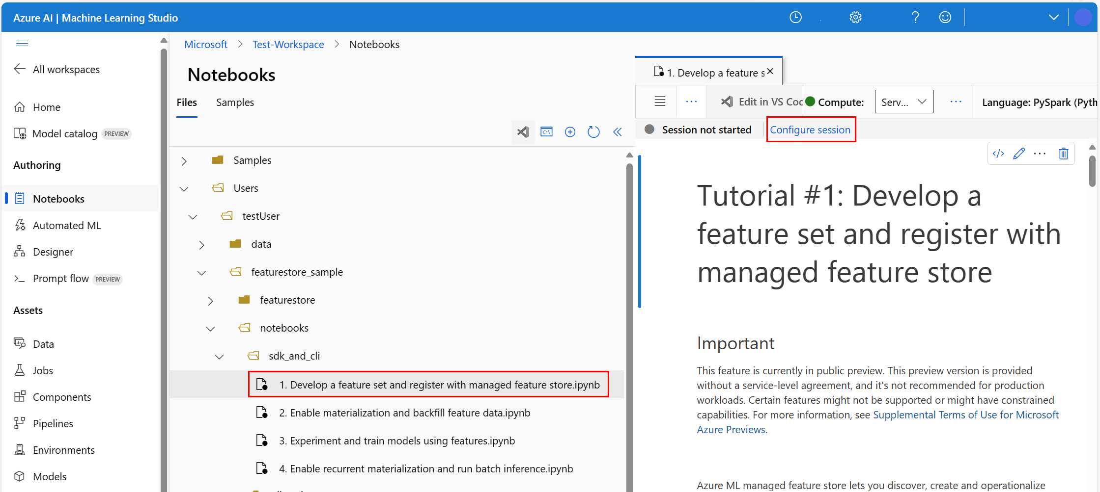 Screenshot that shows selections for configuring a session for a notebook.