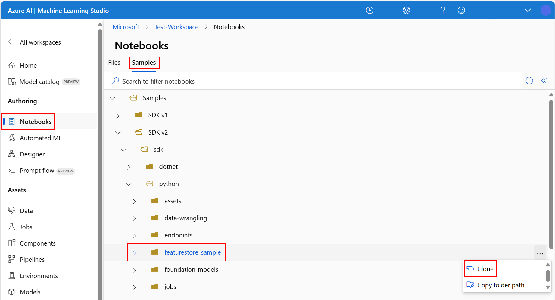 Screenshot that shows selection of the sample directory in Azure Machine Learning studio.