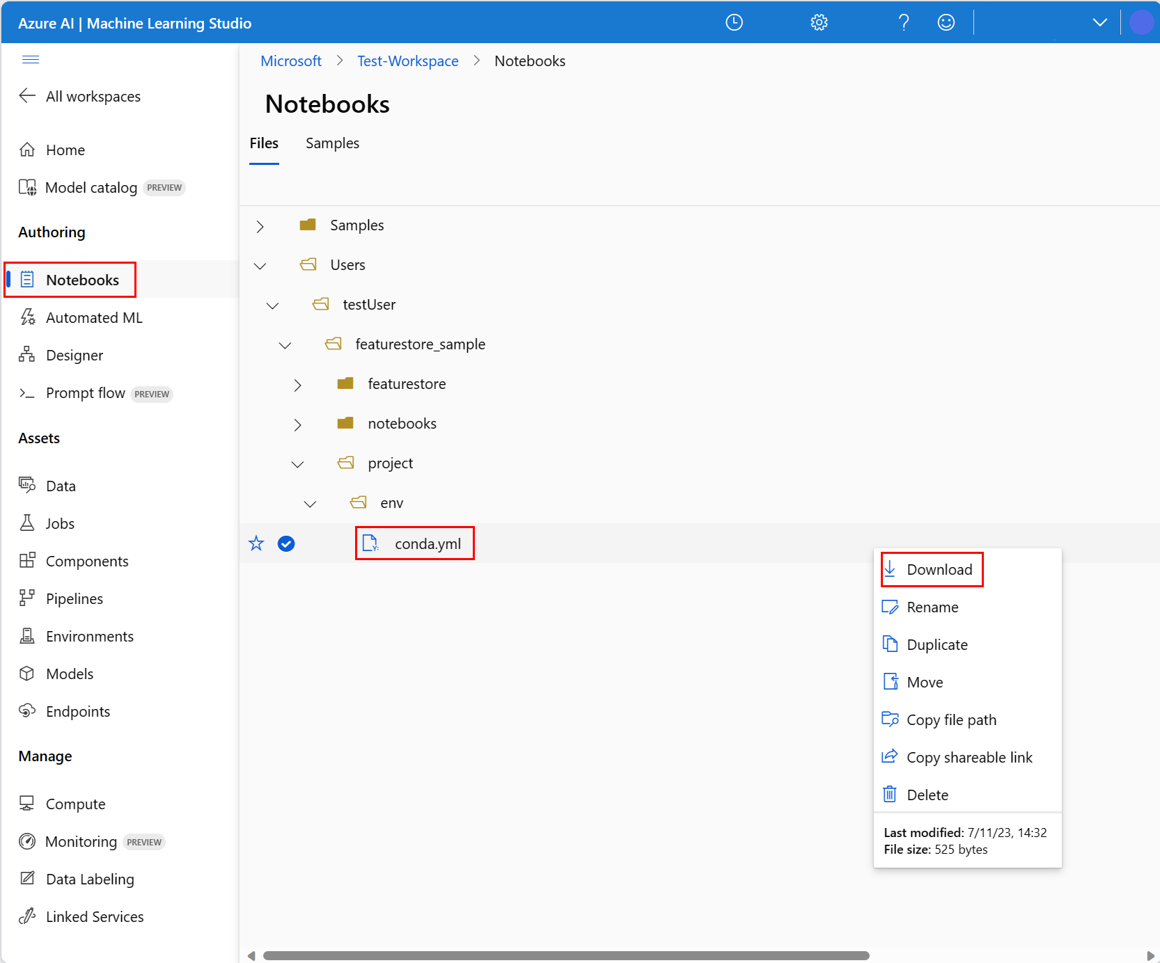 Screenshot that shows selection of the Conda YAML file in Azure Machine Learning studio.