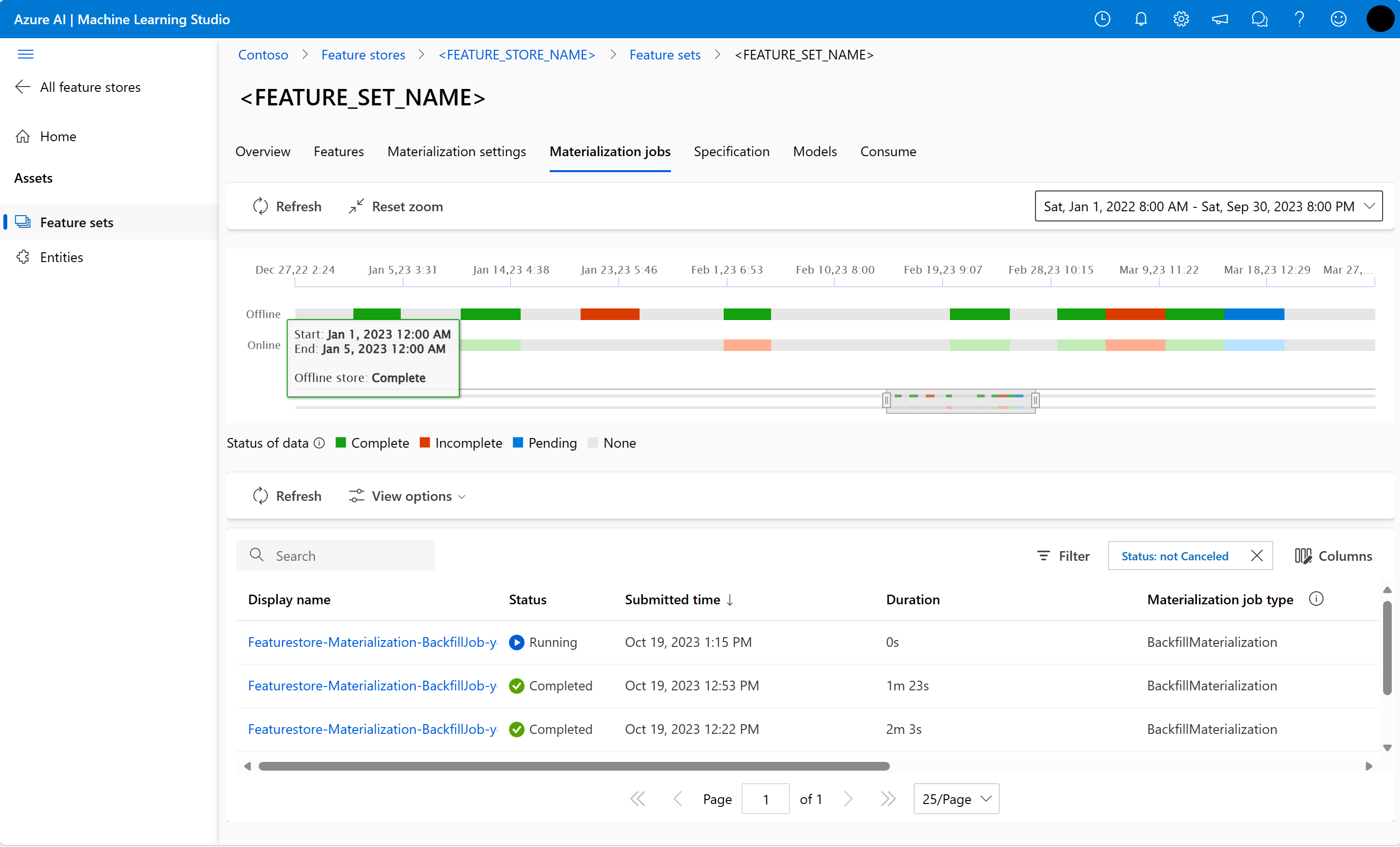 Screenshot that shows the feature set Materialization jobs UI.