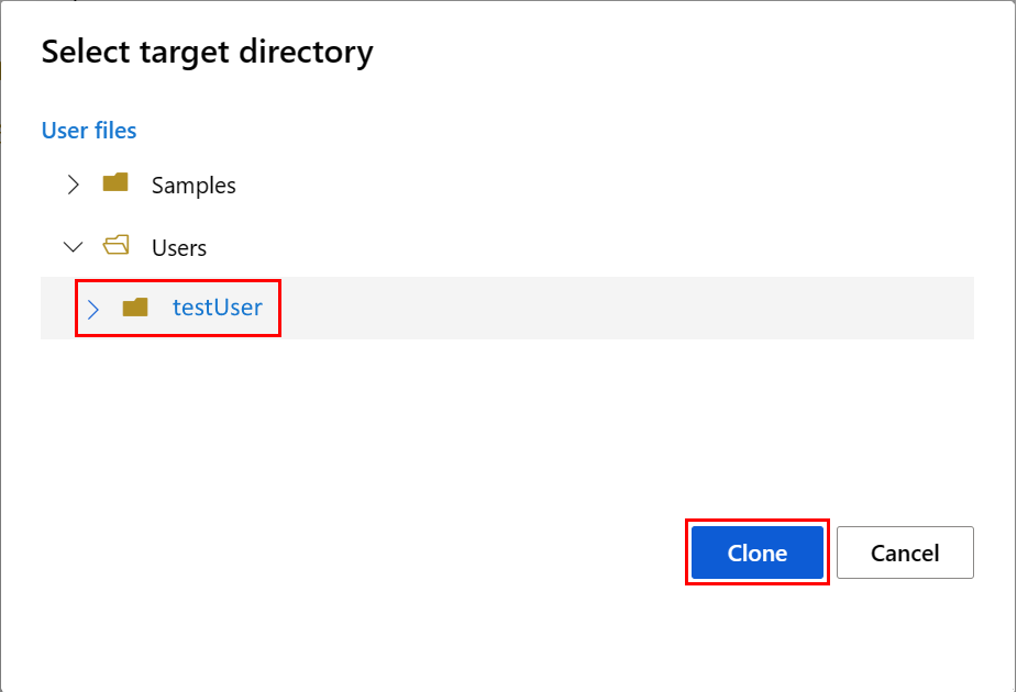 Screenshot showing selection of the target directory location in Azure Machine Learning studio for the sample resource.