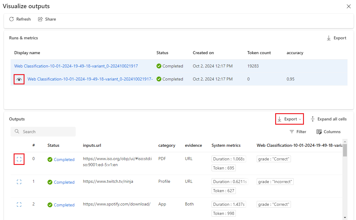 Screenshot of Web classification batch run details page to view outputs.