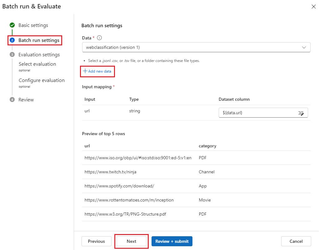 Screenshot of Batch run and evaluate, highlighting upload new data.