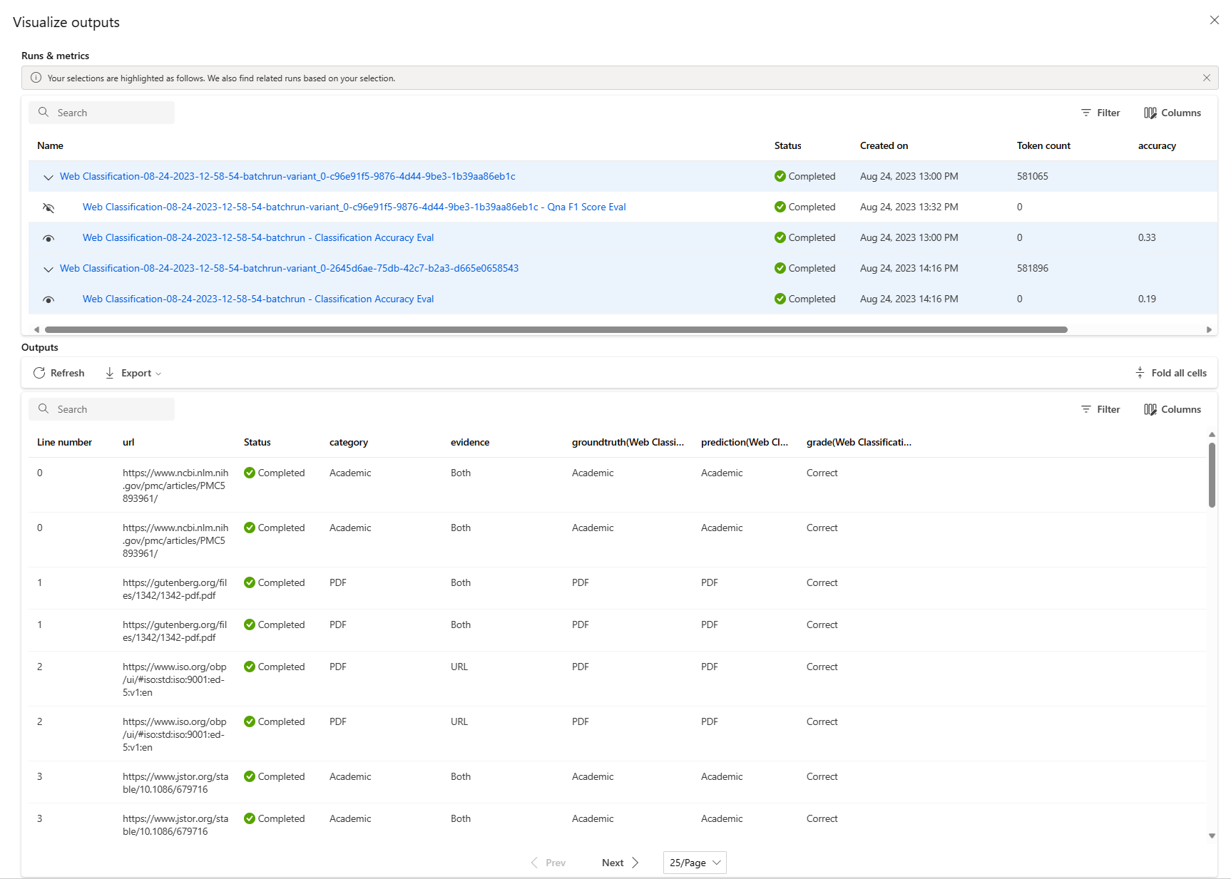 Screenshot of metrics compare of multiple batch runs.