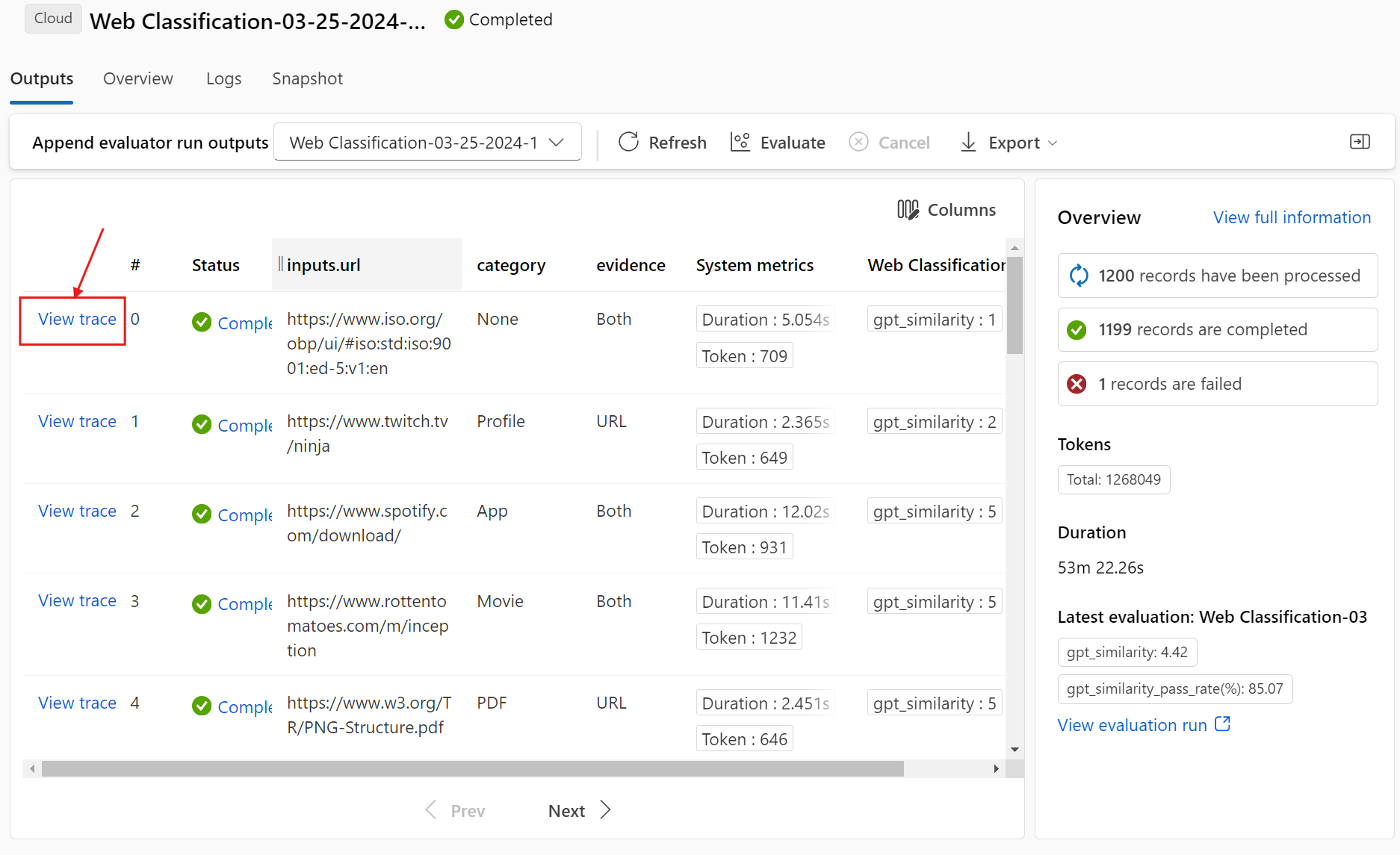 Screenshot of batch run result page on the outputs tab where you check batch run outputs. 