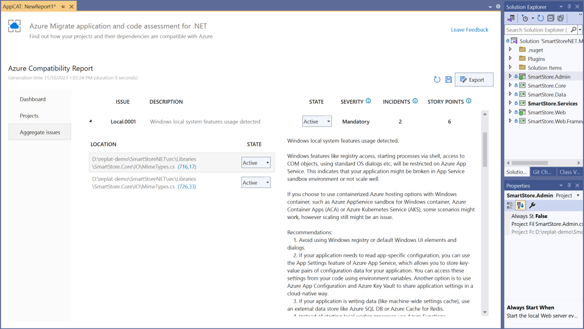 Screenshot of the Azure Migrate application and code assessment for .NET in Visual Studio.