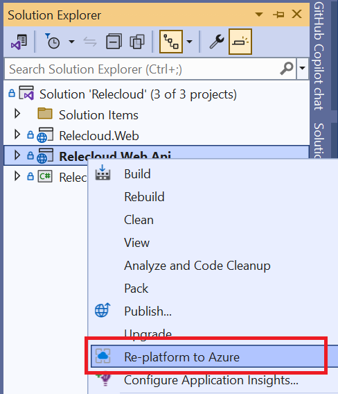 Screenshot of the Replatform to Azure menu item in Visual Studio.