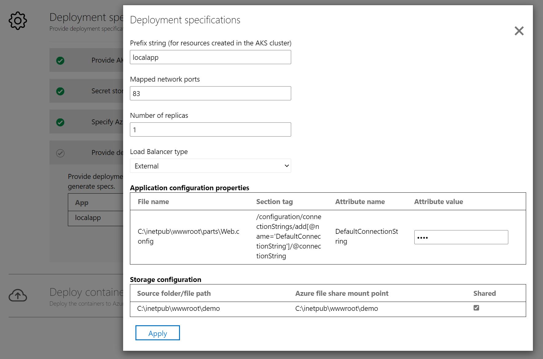 Screenshot for deployment app configuration.